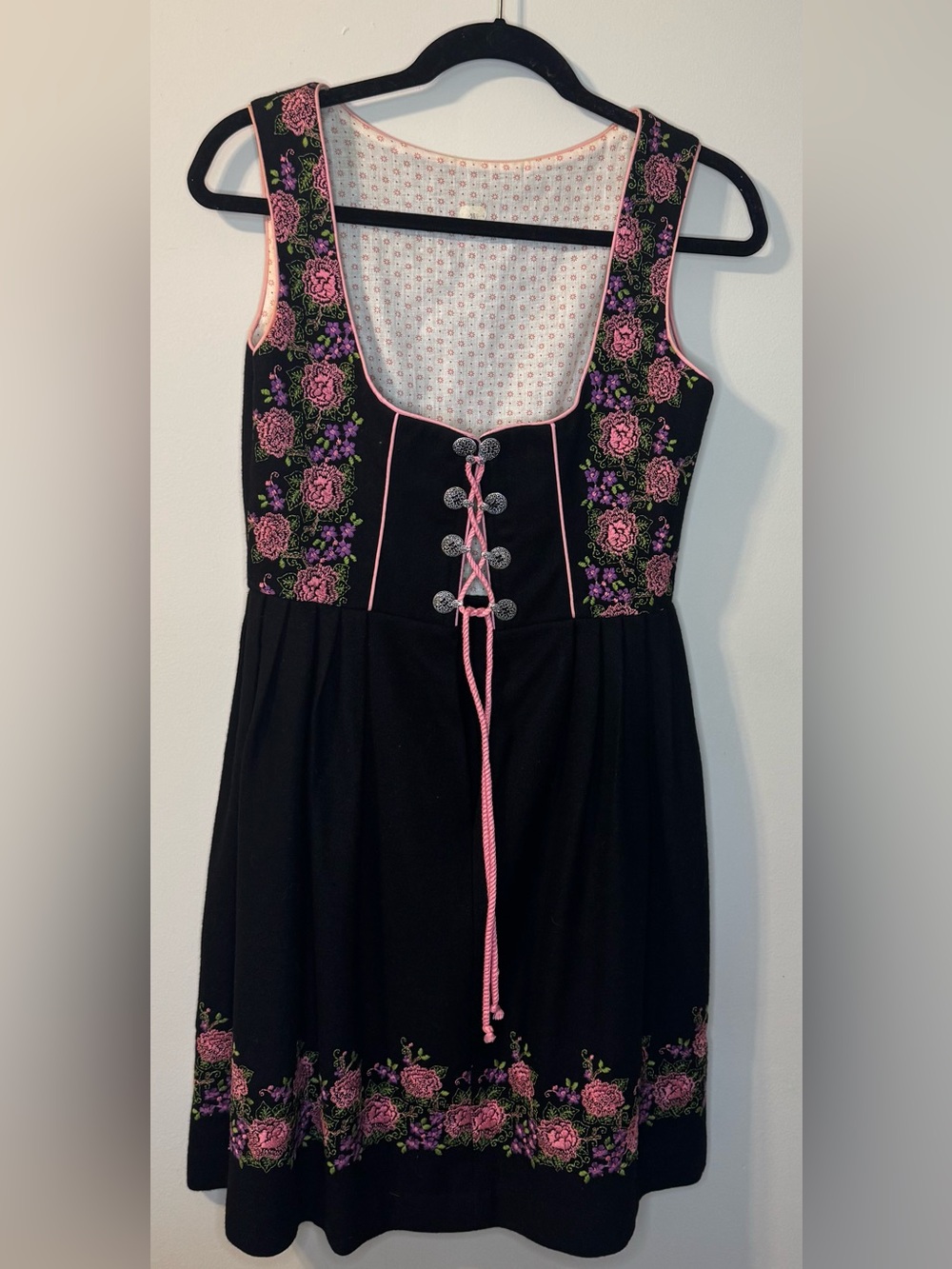 Source Unknown Black Midi Dress with Pink Floral Embroidery